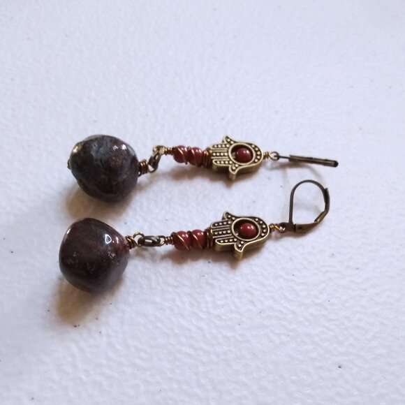 Hamsa Hand Dangle Earrings! Blessings & Protection! Huge Blood Red Stone Nuggets - Picture 6 of 11